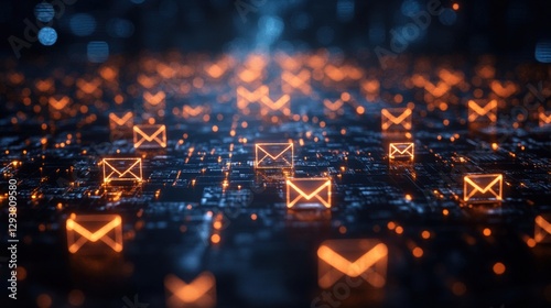 History of Emails Visualized as Interconnected Envelopes Across a Digital Landscape. Generative AI