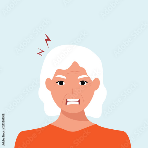 Angry frustrated senior woman screaming. Irritation, mad expression, frustration and negative emotion vector graphic illustration.