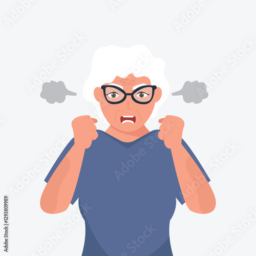 Angry screaming senior woman  with steam coming out of his ears. Irritation, mad expression, frustration and negative emotion vector graphic illustration.