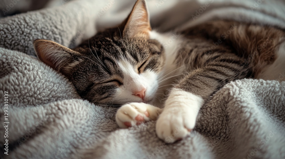 Adorable Tabby Cat Sleeping Peacefully on Cozy Blanket Adorable Tabby Cat Sleeping Peacefully on Cozy Blanket
