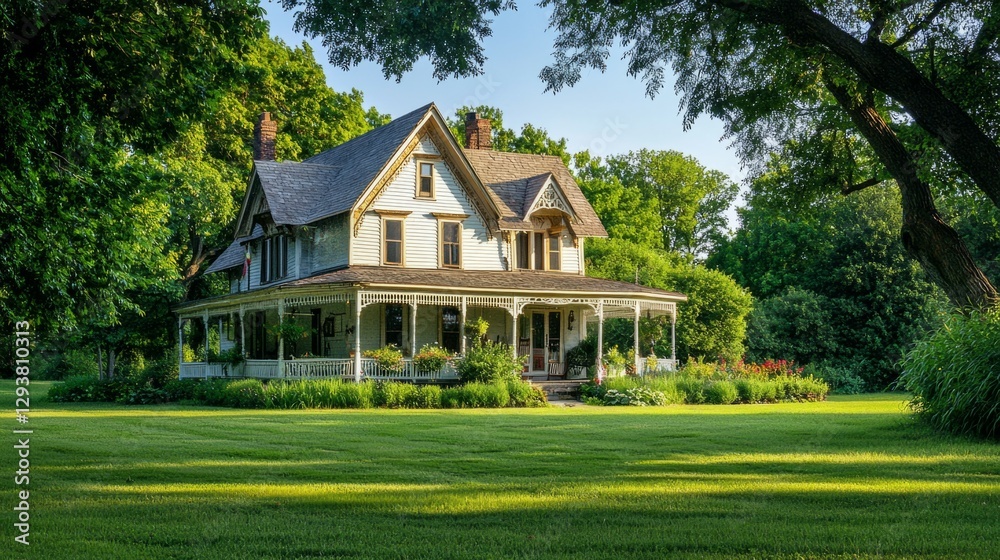 Charming Victorian House Surrounded by Lush Green Landscape Charming Victorian House Surrounded by Lush Green Landscape