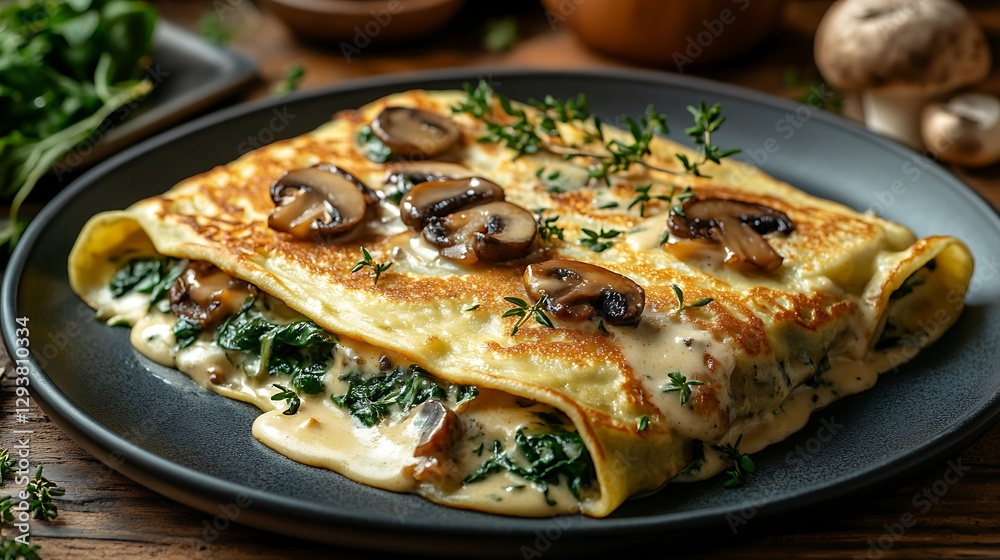 Artfully styled gourmet crepes filled with a savory blend of mushrooms, fresh spinach, and creamy béchamel sauce, beautifully presented on matte ceramic plate, studio-lit with gentle natural lighting, Artfully styled gourmet crepes filled with a savory blend of mushrooms, fresh spinach, and creamy béchamel sauce, beautifully presented on matte ceramic plate, studio-lit with gentle natural lighting,