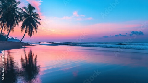 Serene Tropical Beach Sunset Peaceful Ocean Waves Palm Trees Reflecting in Calm Water Idyllic Seascape