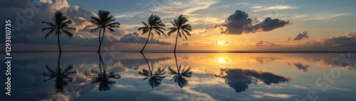 Serene Tropical Sunset Palm Trees Silhouetted Against Vibrant Sky Reflected in Calm Ocean Water