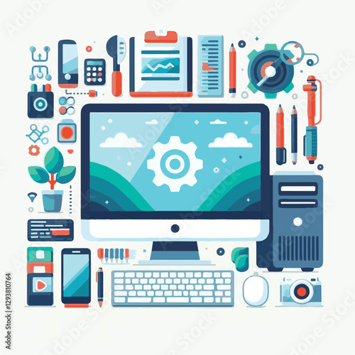 computer, digital, business, technology, communication, laptop, tech, work, office, web, internet, design, employee, vector, information, monitor, pc, modern, device, person, electronic, desktop, scre