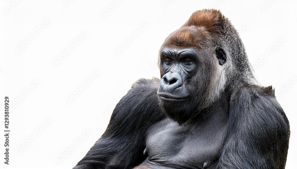 Isolated Majesty A Pensive Gorilla Portrayed Against a Transparent Canvas, Capturing the Elegance and Power of an Elder Silverback in Soft Lighting. Isolated Majesty A Pensive Gorilla Portrayed Against a Transparent Canvas, Capturing the Elegance and Power of an Elder Silverback in Soft Lighting.