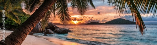 Serene Tropical Sunset Beach Scene Palm Trees Ocean Waves Rocks Idyllic Vacation Paradise