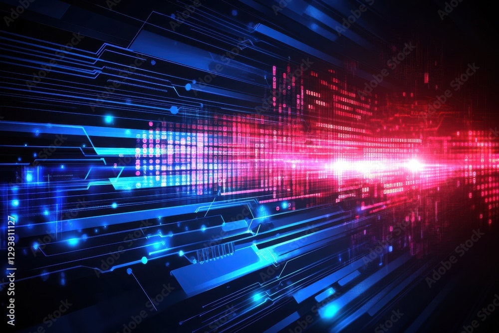 Obraz premium Abstract Digital Data Stream Technology Background Red Blue Binary Code Futuristic Network
