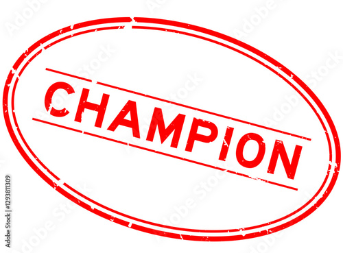 Grunge red champion word oval rubber seal stamp on white background