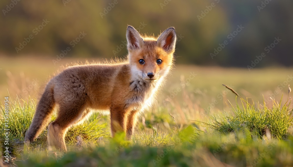 Red Fox Cub Frolicking in Spring Meadow Playful Vitality amidst Lush Green Fields and Blooming Wildflowers Red Fox Cub Frolicking in Spring Meadow Playful Vitality amidst Lush Green Fields and Blooming Wildflowers