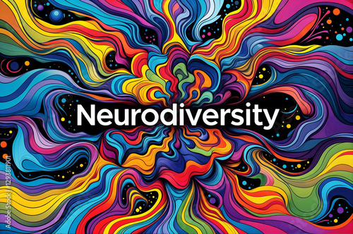 A vibrant and colorful abstract design with swirling patterns and dots in various shades with text word 