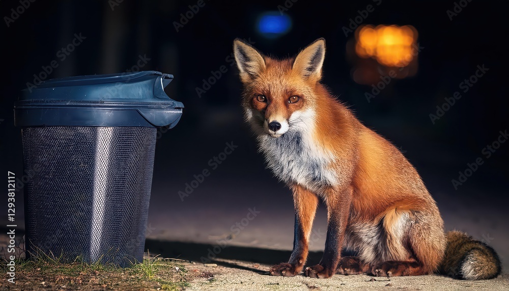 Obraz premium Nightly Encounter Red Fox near Litter Bin, Illuminated in Reds and Shadows, Showcasing a Captivating Wildlife Moment with Urban Backdrop