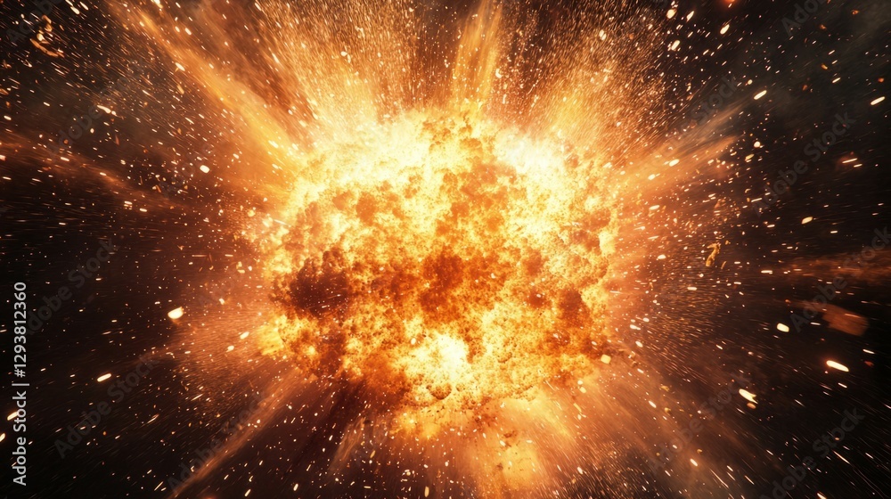 Dramatic Explosion with Fiery Flames and Debris in Dark Space Dramatic Explosion with Fiery Flames and Debris in Dark Space