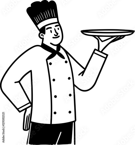 chef holding a tray outline vector illustration