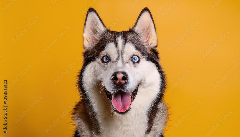 Vibrant Portrait of a Playful Siberian Husky with an Open Mouth, Captured against a Sunny Backdrop, Radiating Energy and Joy on a Bright Canvas. Vibrant Portrait of a Playful Siberian Husky with an Open Mouth, Captured against a Sunny Backdrop, Radiating Energy and Joy on a Bright Canvas.