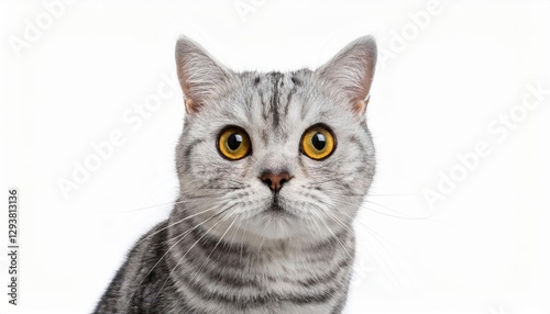 Silver Tabby British Shorthair Cat in Striking Portrait, Captivating Audience with Intense Eye Contact against Minimalistic White Backdrop, Emphasizing Grace and Elegance.