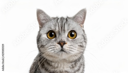 Striking Silver Tabby British Shorthair Feline Gazes Intently from White Backdrop, Majestically Showcasing the Breeds Distinctive Coat Pattern and Vibrant Eyes in a Captivating Isolated Portrait.