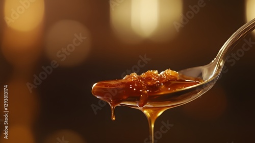 Spoon holds delectable caramelized onion jam dripping with sweet syrup