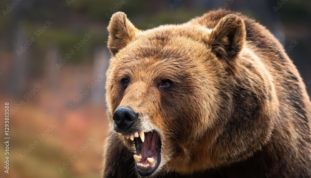 Intense Closeup Portrait of a Snarling Brown Bear in the Alaskan Wilderness, Capturing Raw Power and Majesty with Deep Fur Textures and Amber Eyes Glowing in the Dappled Sunlight. Intense Closeup Portrait of a Snarling Brown Bear in the Alaskan Wilderness, Capturing Raw Power and Majesty with Deep Fur Textures and Amber Eyes Glowing in the Dappled Sunlight.