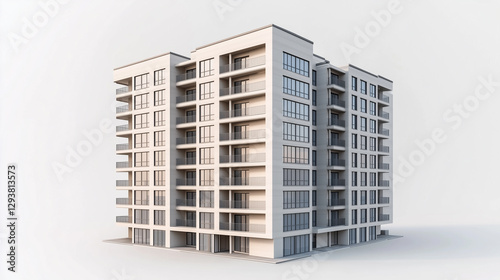 A high-resolution, photorealistic 3D render of a modern apartment building in a light gray color scheme