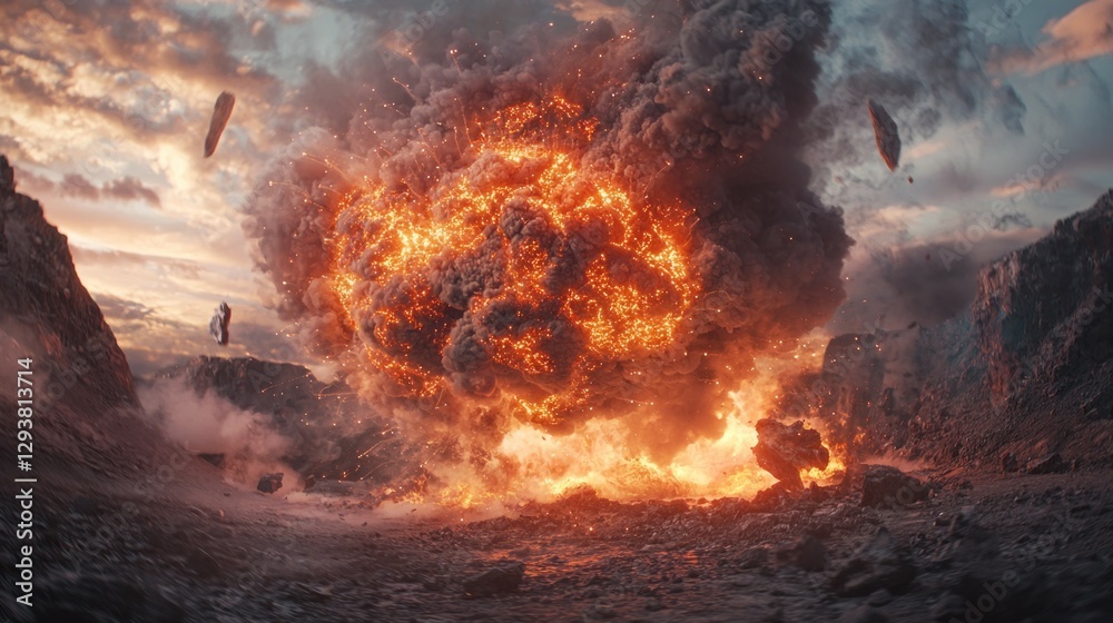 Fiery Explosion Erupting Amidst Dramatic Sky and Rocky Landscape Fiery Explosion Erupting Amidst Dramatic Sky and Rocky Landscape