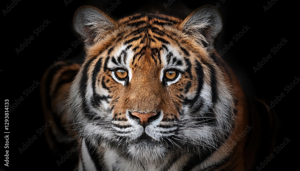 Naklejka premium Majestic Black Panthers Intense Stare Against a Backdrop of Ebon Mystique, Capturing the Essence of Feline Grace and Power in Vibrant Solitude.