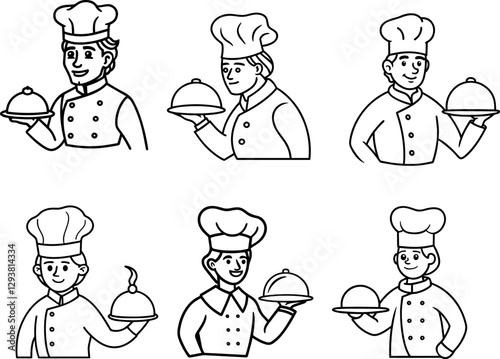 Set of chef holding a tray outline vector illustration line art