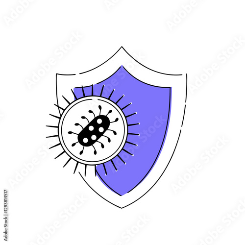 Vector illustration of a shield and virus, symbolizing immunity, protection, and disease prevention. Simple medical and health defense concept.