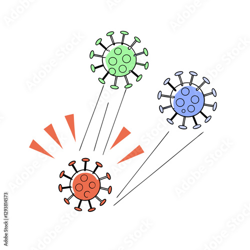 Vector illustration of multiple virus particles colliding, symbolizing infection, mutation, and disease spread. Simple medical and scientific concept.