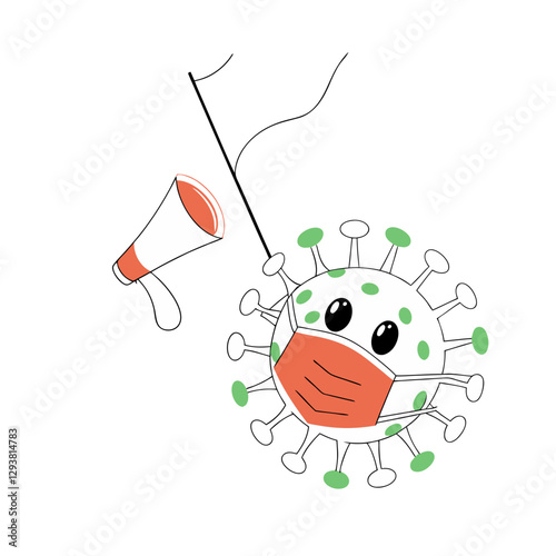 Vector illustration of a cute virus wearing a mask with a megaphone, symbolizing health awareness, pandemic communication, and disease prevention.