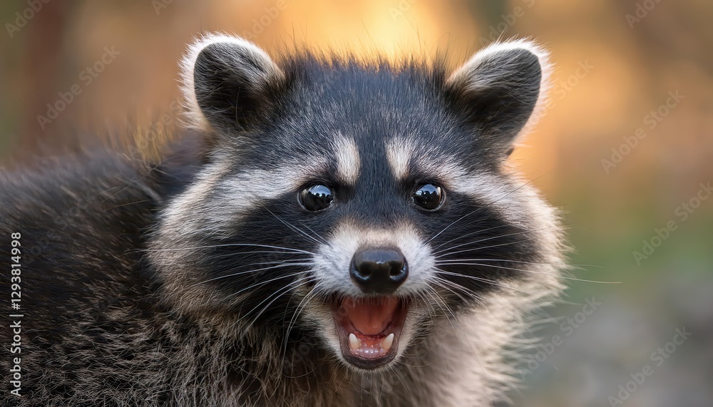 Youthful Raccoon with Open Mouth, A Wild Moment of Playfulness and Innocence in a Forest Clearing at Twilight, Capturing the Essence of Natures Hidden Gems. Youthful Raccoon with Open Mouth, A Wild Moment of Playfulness and Innocence in a Forest Clearing at Twilight, Capturing the Essence of Natures Hidden Gems.