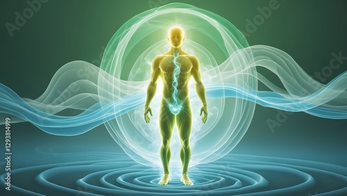 A human silhouette shines with radiant vitality, embraced by pure, flowing energy waves in soft green and blue, representing deep cleansing, cellular renewal, and natural detoxification.