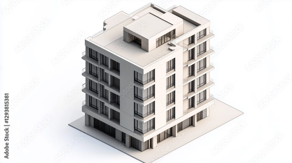 A hyper-detailed, photorealistic isometric view of a multi-story apartment building with a modern design A hyper-detailed, photorealistic isometric view of a multi-story apartment building with a modern design