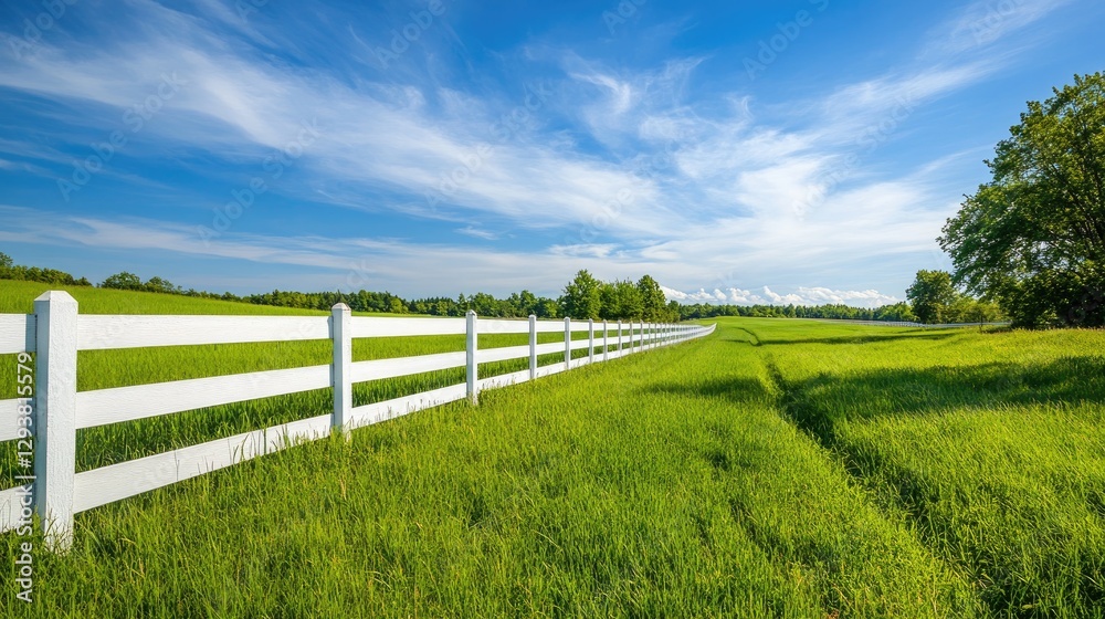 Picturesque scene of green grass framed by a white fence, with a tranquil blue sky completing the idyllic setting Picturesque scene of green grass framed by a white fence, with a tranquil blue sky completing the idyllic setting