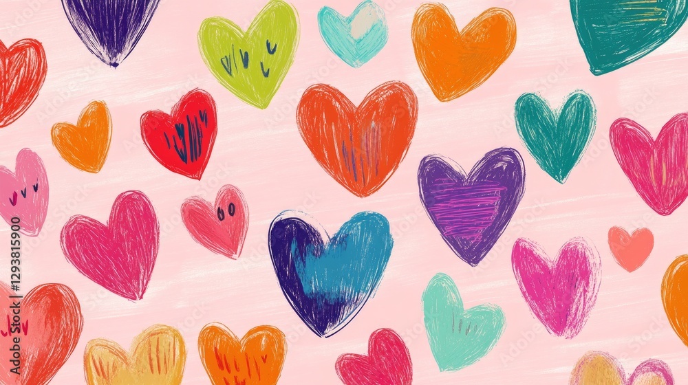 Playful heart illustrations in bright colors on a soft pink backdrop, perfect for Valentine Day, romantic projects, or cheerful graphic design work Playful heart illustrations in bright colors on a soft pink backdrop, perfect for Valentine Day, romantic projects, or cheerful graphic design work