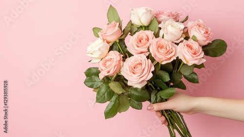 Wallpaper Mural Beautiful bouquet of pink roses held against a soft pink background in a cozy indoor setting Torontodigital.ca