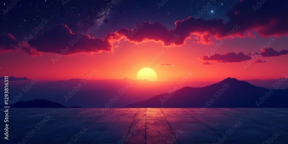 Fototapeta premium Serene Sunset Over Majestic Mountainscape with a Starry Sky and Empty Platform