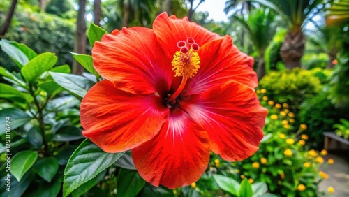 Wallpaper Mural Large vibrant red hibiscus flower with five large petals and prominent yellow center , Botanical Garden, Exotic Flower Torontodigital.ca