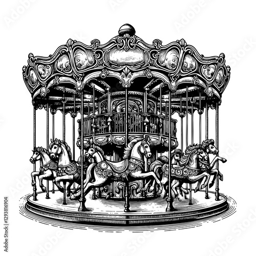 carousel with ornate decorations and horses, evoking nostalgia and amusement park charm engraving generative ai sketch PNG illustration