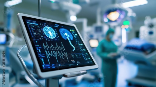 AI-powered healthcare tablet display, intricate biometric scanning, intelligent digital patient monitoring, sleek and clean futuristic hospital