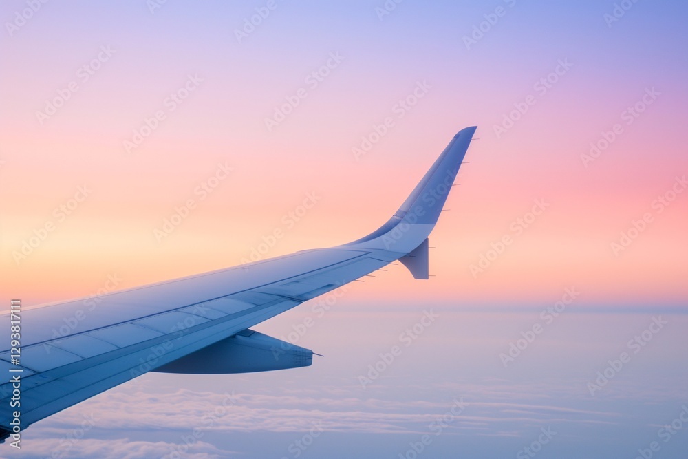 Obraz premium Close-up of jet winglet against gradient peach to lilac sky background 
