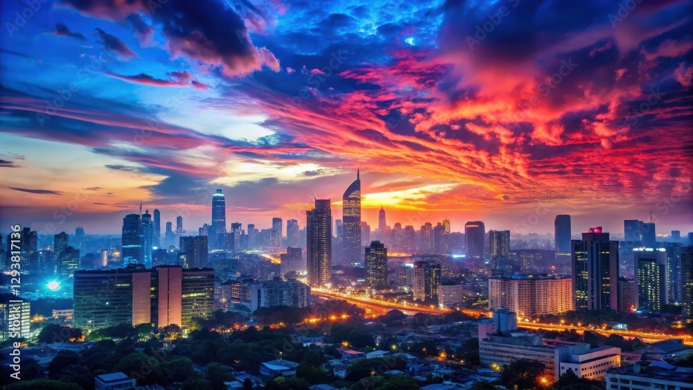 Obraz premium Soft Red Blue Glow Over Cityscape at Dusk, evening sky, urban landscape, evening sky, urban landscape