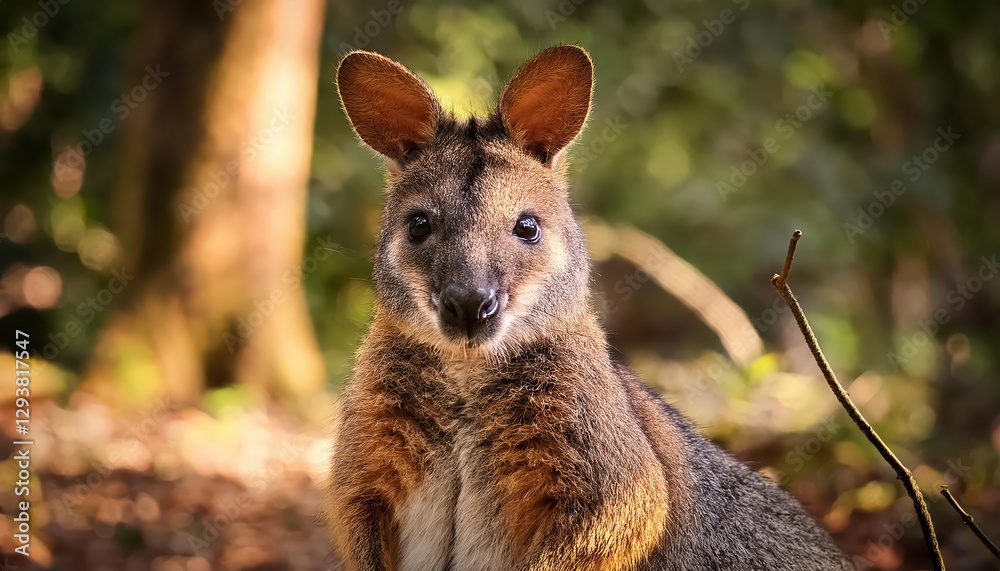 Portrait of a Bennetts Wallaby in a Forest Backdrop, Majestic Mammal Amidst the Green Wilderness, Showcasing the Australian Bushlands Rich Textures and Colors. Portrait of a Bennetts Wallaby in a Forest Backdrop, Majestic Mammal Amidst the Green Wilderness, Showcasing the Australian Bushlands Rich Textures and Colors.