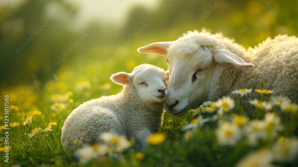 Obraz premium Sheep and lamb enjoying a sunny day in a field full of flowers