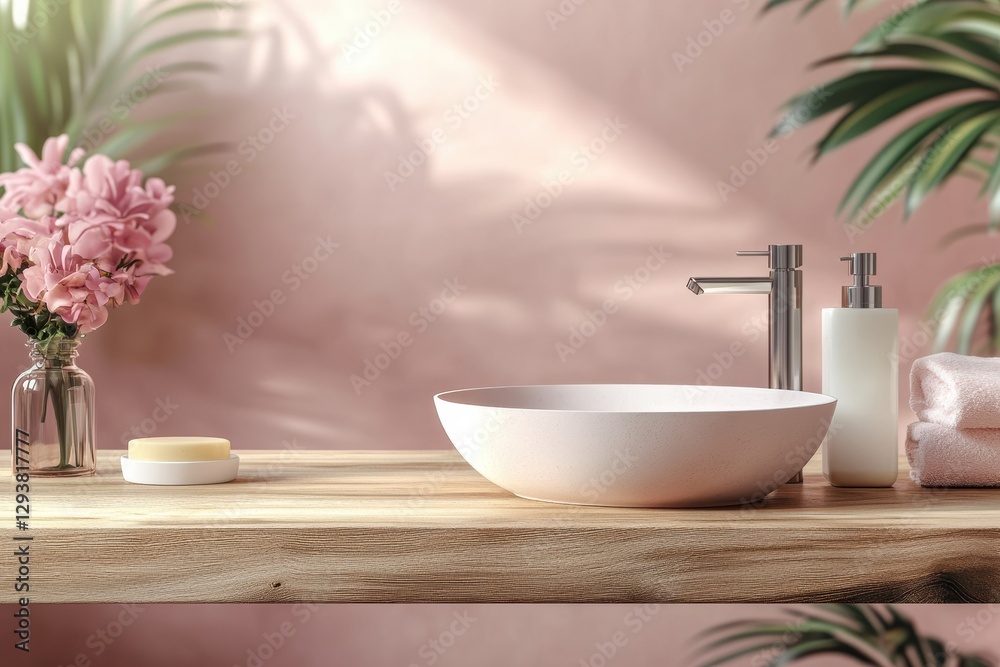 Fototapeta premium Modern minimalist bathroom interior with wooden countertop and pink walls