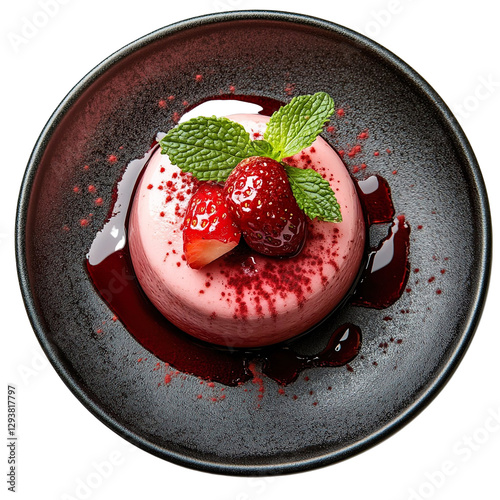 Top view of a delicious looking bavarois de fresa on a dark porcelain plate isolated on a white transparent background