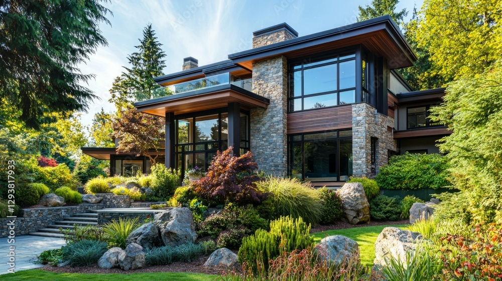 Modern Stone House Surrounded by Lush Greenery and Landscaping Modern Stone House Surrounded by Lush Greenery and Landscaping