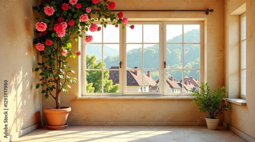 Fototapeta premium Sunlit Room with Blooming Rose and Verdant Plant in Pots by Window