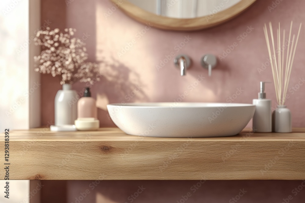 Fototapeta premium Light wooden podium showcasing products in a modern bathroom setting