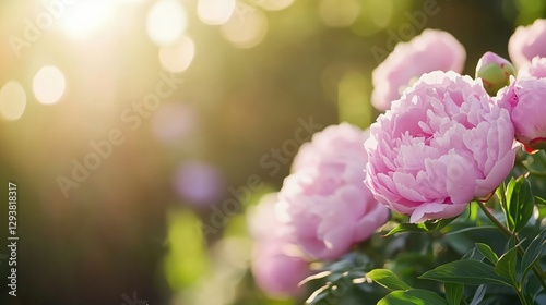 Fototapeta Naklejka Na Ścianę i Meble -  Beautiful pink peonies bloom in the warm sunlight of a serene garden during springtime